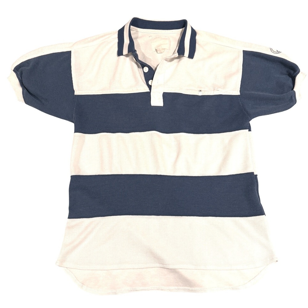 Vintage 60s Blue White Striped Short Sleeve Polo Shirt Rugby Style Pocket Size M